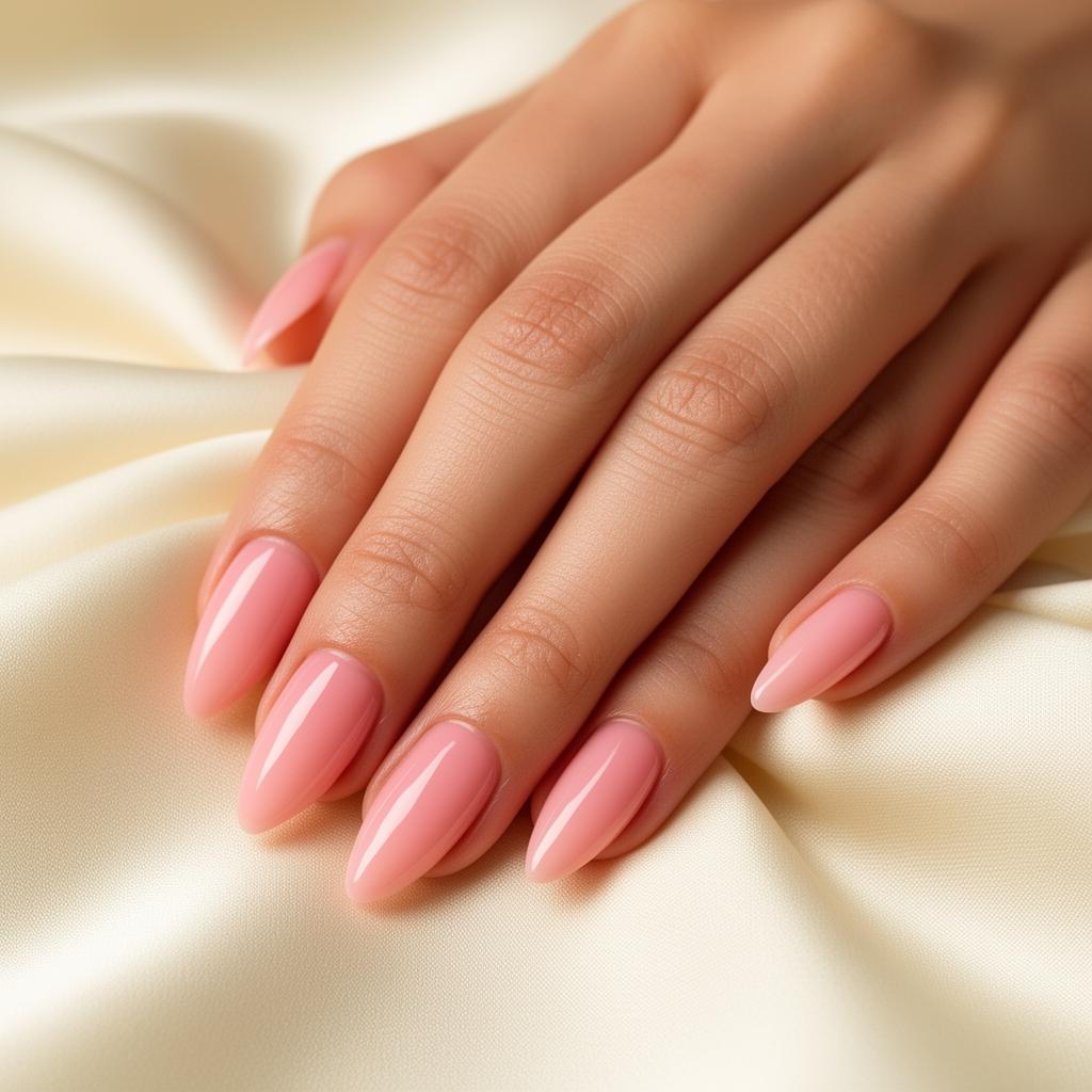 Glossy blush BIAB nails on cream silk